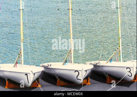 Three sailboats with numbers painted on them lay waiting for renting on a dock. Stock Photo