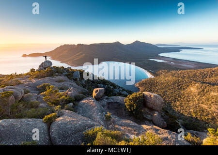 Sunrise from mt. Amos over beautiful winglass bay and the freycinet national park. Stock Photo