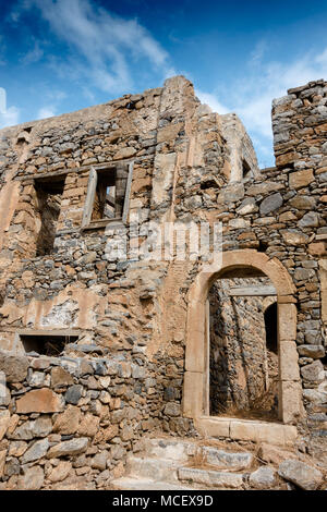 Ancient ruins of a fortified leper colony in Spinalonga island, Crete, Greece Stock Photo