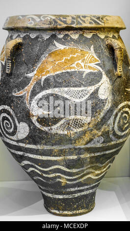 Close-up of earthenware pot with painted fish picture, Greece Stock Photo