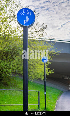 Blue sign to indicate shared-use, unsegregated cycle and pedestrian route in England, UK Stock Photo