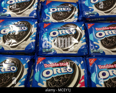 Boxes of Nabisco's Oreo Cookies in a supermarket in New York on Tuesday, April 10, 2018. The company has upped the ante for cookie lovers by coming out with multiple flavors of the milk and cookie staple. (Â© Richard B. Levine) Stock Photo