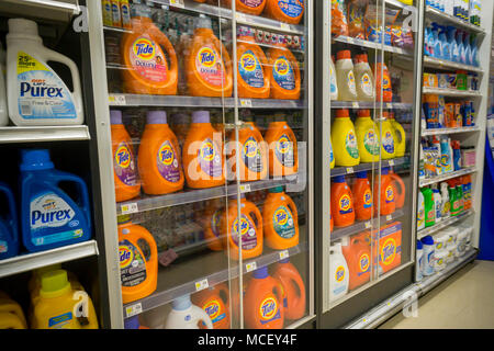 Packages of Procter & Gamble's Tide detergent are locked up to deter shoplifters in a supermarket in New York on Tuesday, April 10, 2018. Tide is the largest selling detergent in the world. (© Richard B. Levine) Stock Photo