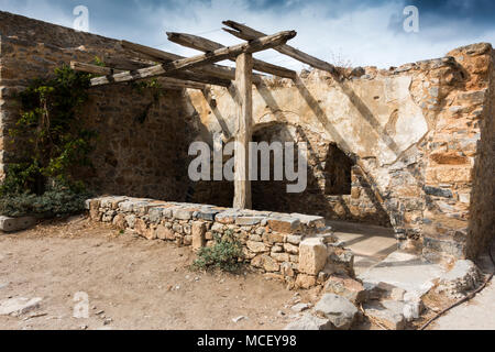 Ancient ruins of a fortified leper colony, Spinalonga island, ,Crete, Greece Stock Photo
