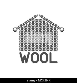 Wool emblem with knitted fabric and needles. Label for hand made, knitting or tailor shop Stock Vector