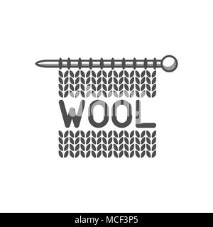 Wool emblem with knitted fabric and needle. Label for hand made, knitting or tailor shop Stock Vector