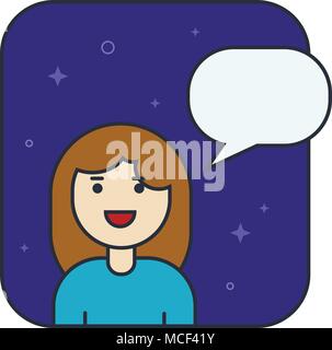 Woman talks, client support, customer help service concept. Line vector icon. Girl with speech bubble. Flat linear illustration isolated on blue backg Stock Vector