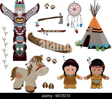 Traditional indian symbols set with cartoon characters of American Indians, man and woman in national dress. Vector illustration Stock Vector