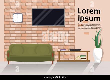 Modern Loft Living Room Interior With Couch, Tv Set On Wall Over Background With Copy Space Vector Illustration Stock Vector