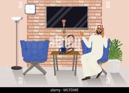 Arab Man Talking On Phone Sitting In Hookah Lounge Over Background With Copy Space Vector Illustration Stock Vector