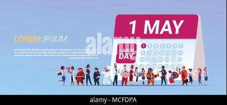 Labor Day Poster With Group Of People Of Different Occupations Standing Calender With 1 May Date Background Flat Vector Illustration Stock Vector