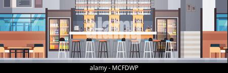 Modern Cafe Or Restaurant Interior With Bar Counter And Bottles Of Alcohol And Glasses On Shelves Horizontal Banner Flat Vector Illustraton Stock Vector