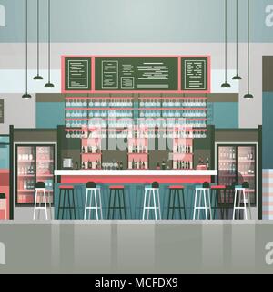 Empty Bar Or Coffee Shop Interior Cafe Counter With Bottles Of Alcohol And Glasses On Shelves Flat Vector Illustraton Stock Vector