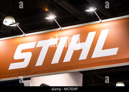 Stihl logo company sign printed on banner. Andreas Stihl AG & Company KG is a German manufacturer of chainsaws and other handheld power equipment Stock Photo
