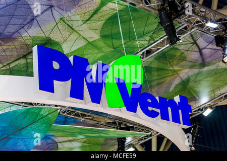 PM Vent logo company sign on the wall. Company PM VENT specializes in solving different problems in the sphere of ventilation systems Stock Photo