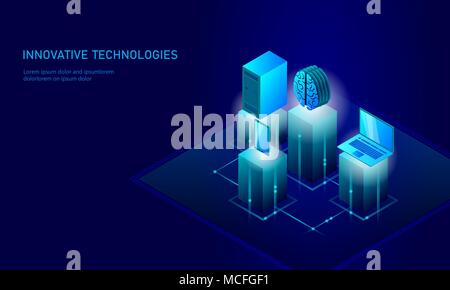 Isometric artificial intelligence business concept. Blue glowing isometric personal information data connection pc smartphone human brain future technology. 3D infographic vector illustration Stock Vector