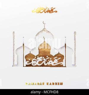 Ramadan vector background. Effect of the cut paper with the embossed Arabic calligraphic text of Ramadan Kareem. Creative design greeting card, banner Stock Vector