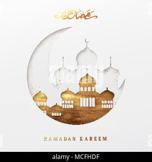 Ramadan vector background. Effect of the cut paper with the embossed Arabic calligraphic text of Ramadan Kareem. Creative design greeting card, banner Stock Vector