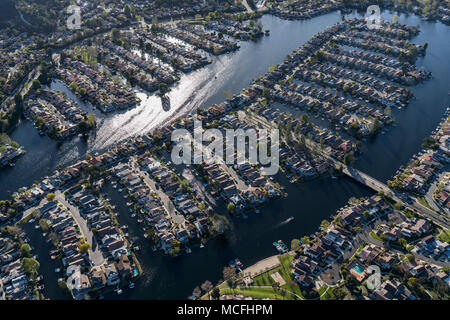 Aerial view of Westlake Village lake homes in the Thousand Oaks area of Ventura County California. Stock Photo