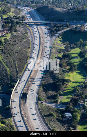 Vertical aerial view of suburban route 23 freeway in Thousand Oaks near Los Angeles, California.