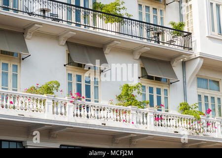 Balcony with plants and flowers , beautiful facade of  historic building in  Casco Antiguo, Panama City Stock Photo