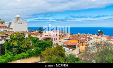 Panoramic view of rooftops and ocean in La Orotava, a town and a municipality in the northern part of Tenerife, Canary Islands. Stock Photo