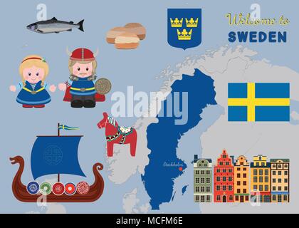 Welcome to Sweden, cartoon characters of vikings in ancient scandinavian clothing, traditional scandinavian symbols set. Vector illustration Stock Vector