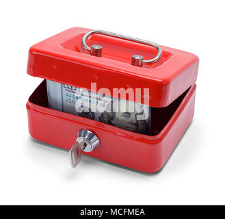 Red Change Box with Money Inside Isolated on a White Background. Stock Photo