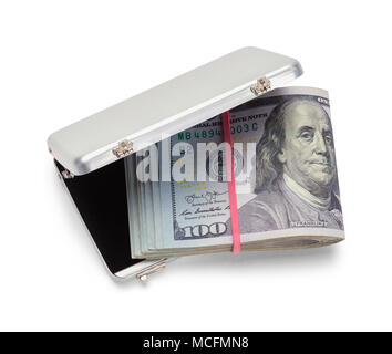 Grey Briefcase Full of Money Isolated in White Background. Stock Photo