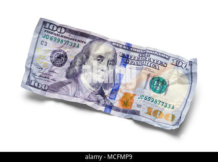 Single Crushed and Wrinkled Hundred Dollar Bill Isolated on White. Stock Photo
