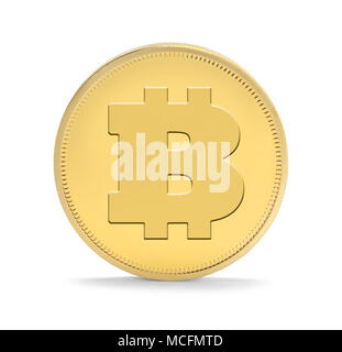 Single Gold Bitcoin Upright Isolated on a White Background. Stock Photo