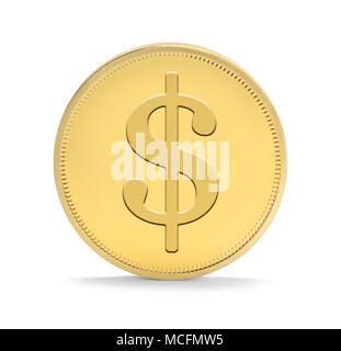 Single Gold Coin with Money Symbol Upright Isolated on a White Background. Stock Photo