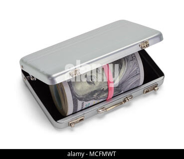 Rolled Up Money Inside of a Grey Briefcase Isolated on White Background. Stock Photo