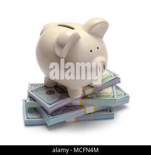 Pile of Money with a Piggy Bank on Top Isolated on a White Background. Stock Photo