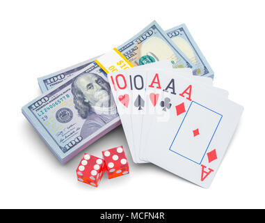 Stack of Money with Playing Cards and Dice Isolated on White Background. Stock Photo