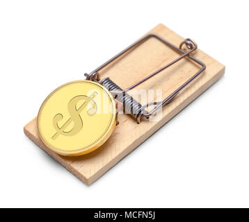 Gold Money Coin with a Trap Isolated on a White Background. Stock Photo