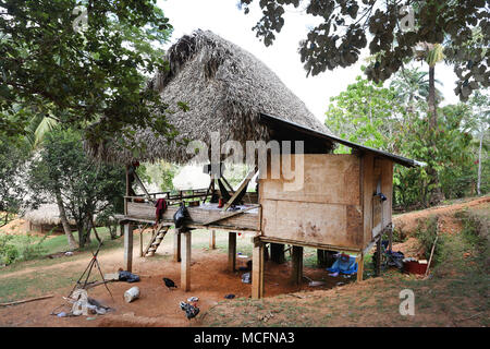 PANAMA, MAR 31: Native indian Thatched hut home at the Embera Indian village. March 31 2018. Embera Parara Puru Chagres River Panama Stock Photo