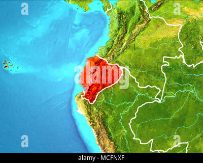 Ecuador highlighted in red from Earth’s orbit. 3D illustration. Elements of this image furnished by NASA. Stock Photo