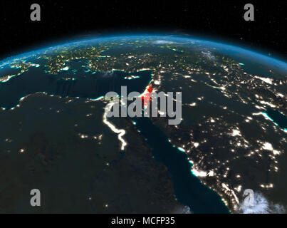 Satellite night view of Israel highlighted in red on planet Earth with clouds. 3D illustration. Elements of this image furnished by NASA. Stock Photo