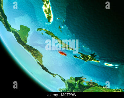 Country of Jamaica in red on planet Earth in the evening. 3D illustration. Elements of this image furnished by NASA. Stock Photo