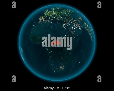 Night above Central Africa highlighted in red on model of planet Earth ...