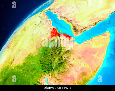 Orbit view of Eritrea highlighted in red on planet Earth. 3D illustration. Elements of this image furnished by NASA. Stock Photo