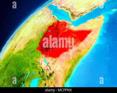 Orbit view of Ethiopia highlighted in red on planet Earth. 3D illustration. Elements of this image furnished by NASA. Stock Photo