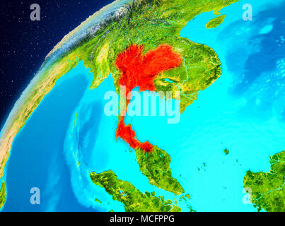 Orbit view of Thailand highlighted in red on planet Earth. 3D illustration. Elements of this image furnished by NASA. Stock Photo