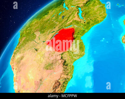 Orbit view of Zimbabwe highlighted in red on planet Earth. 3D illustration. Elements of this image furnished by NASA. Stock Photo