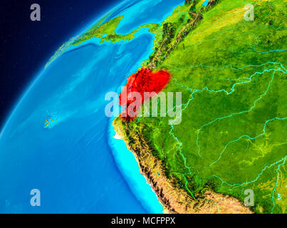 Orbit view of Ecuador highlighted in red on planet Earth. 3D illustration. Elements of this image furnished by NASA. Stock Photo