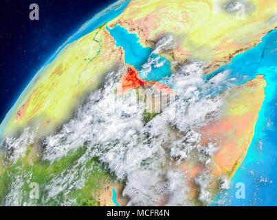 Country of Eritrea in red on planet Earth with atmosphere. 3D illustration. Elements of this image furnished by NASA. Stock Photo