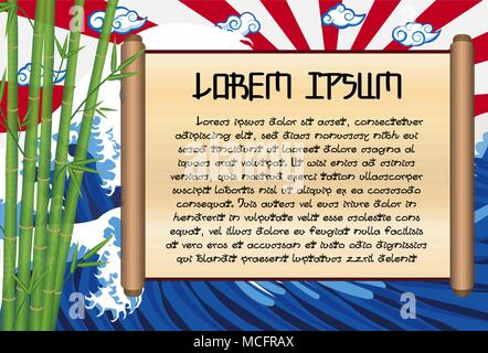 bamboo and paper menu scroll wave  rising sun flag Stock Vector