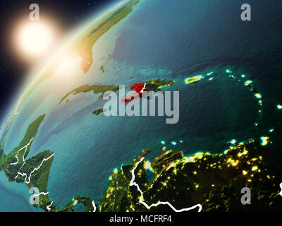 Haiti during sunset highlighted in red on planet Earth with clouds and ...