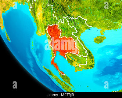 Thailand highlighted in red on planet Earth with visible borders. 3D illustration. Elements of this image furnished by NASA. Stock Photo